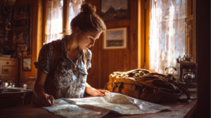 Femme planifiant week-end France carte voyage