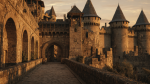 Pont-levis de la Cité de Carcassonne scène emblématique des Visiteurs