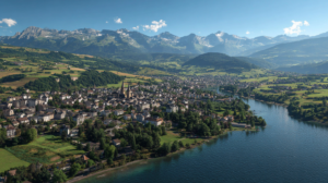 Vue aérienne réaliste de la frontière franco-suisse avec ville frontalière